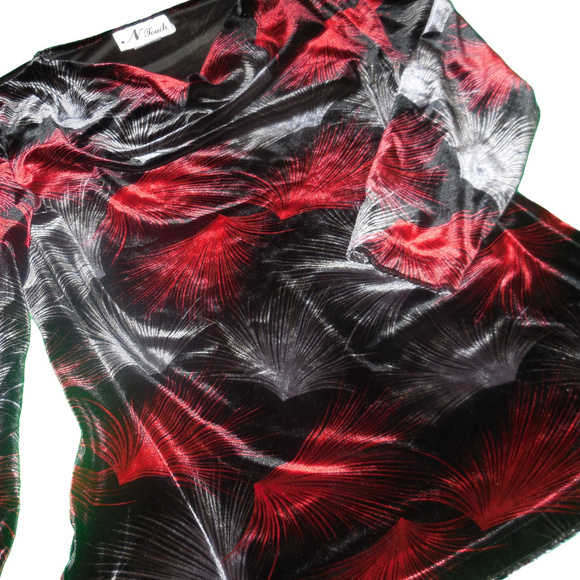 Vintage Top Velvet LARGE Red Gray Black Blouse stretchy pullover - Picture 4 of 6